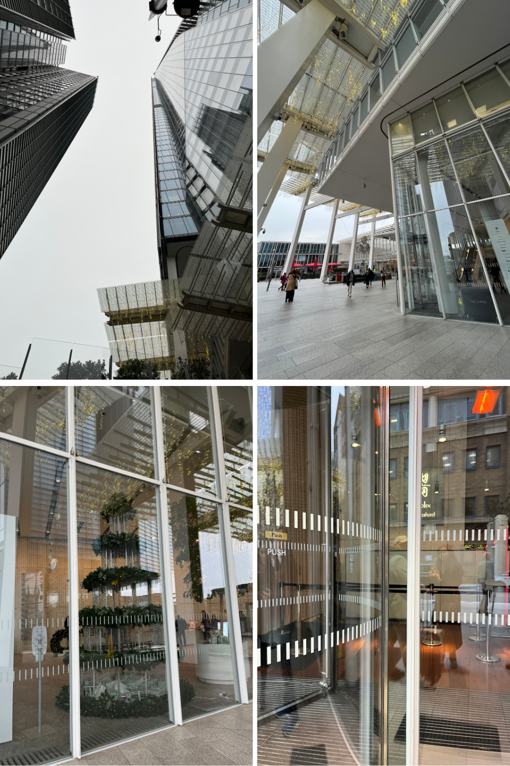 Kontrastowe oznaczenia na szybie budynku the Shard